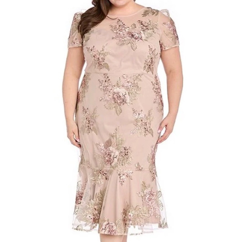 R&M Richards Pink Rose Embroidered Flounce Hem Sheath Dress Size 20W Romantic